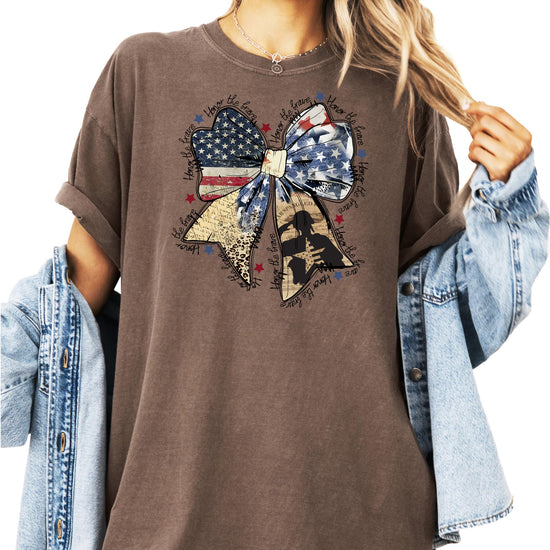Side view of Honor The Brave patriotic bow graphic tee for women and teens