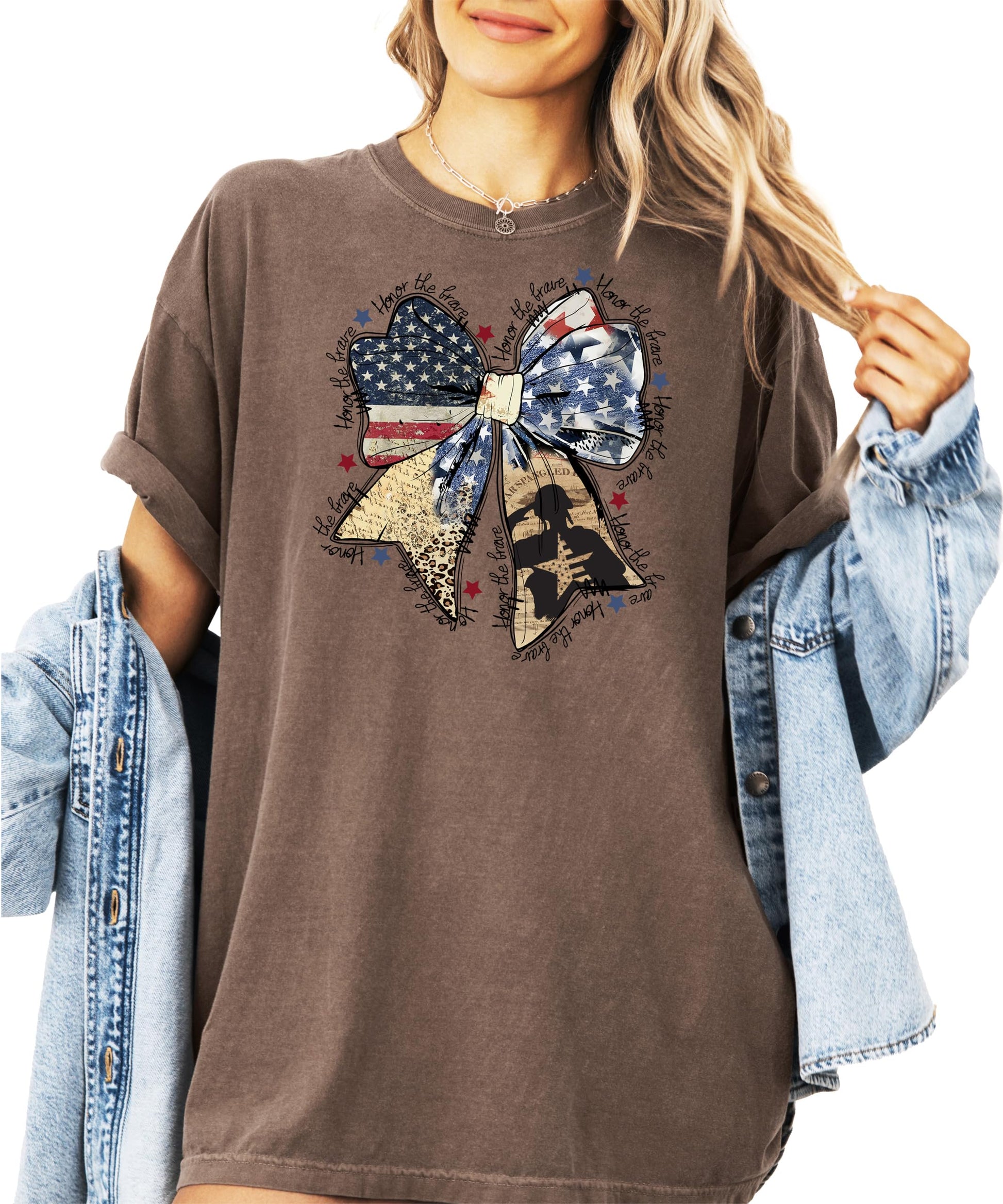 Side view of Honor The Brave patriotic bow graphic tee for women and teens