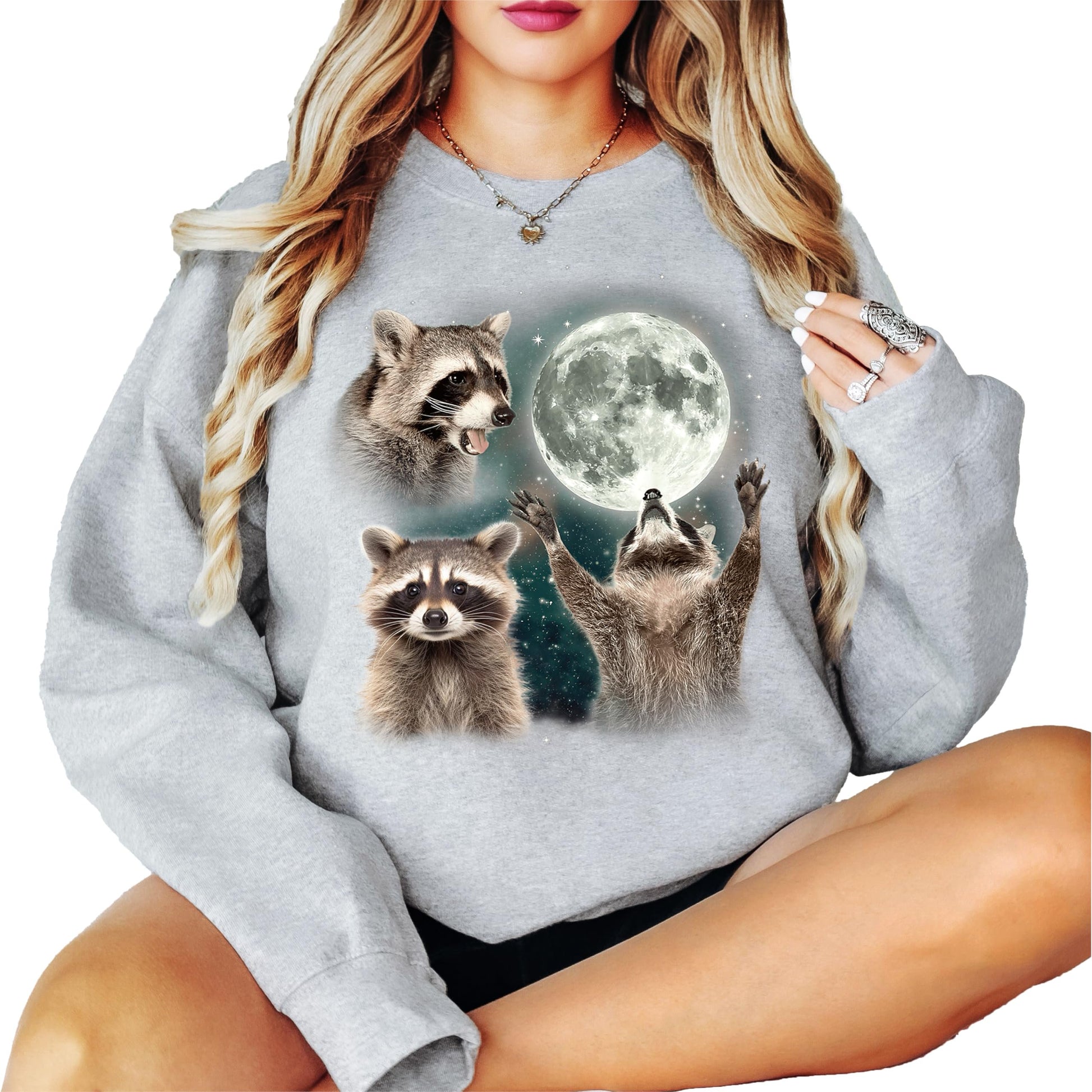 Back or side view of women's vintage raccoon pullover sweatshirt in gray