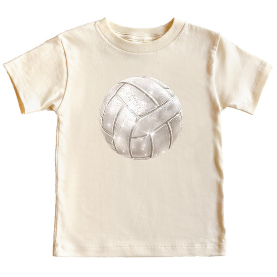 Toddler-size faux glitter volleyball tee front view on natural shirt