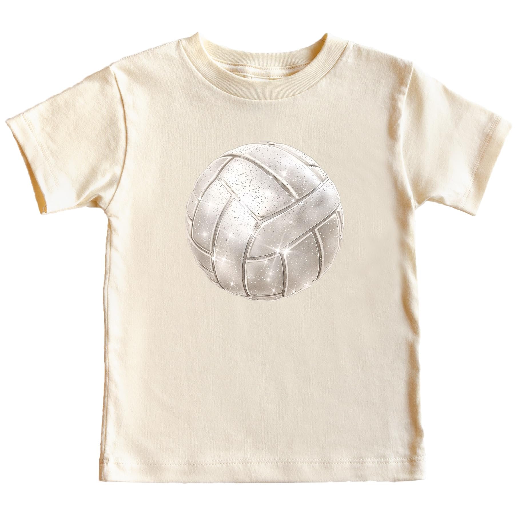 Toddler-size faux glitter volleyball tee front view on natural shirt