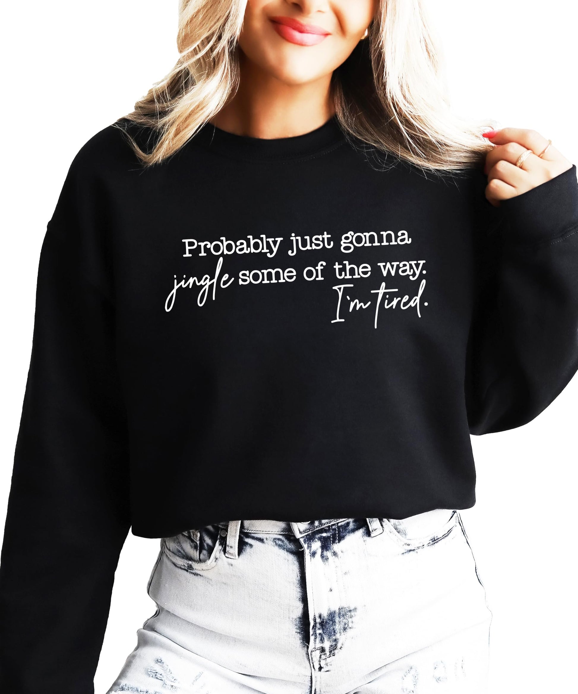 Back view of red Jingle Some of the Way I'm Tired women's Christmas sweatshirt