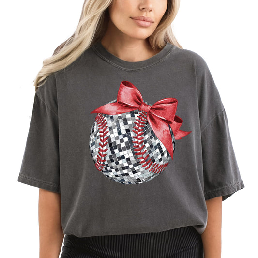 Disco Softball Oversized Tee for Player Fan Coach Red Bow Disco Baseball Women and Teen