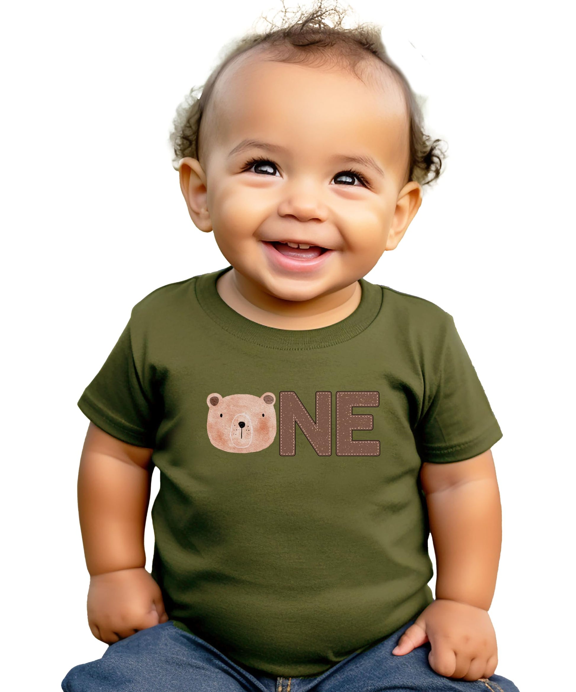 Flat lay of natural colored 1st birthday bear tee for baby boys