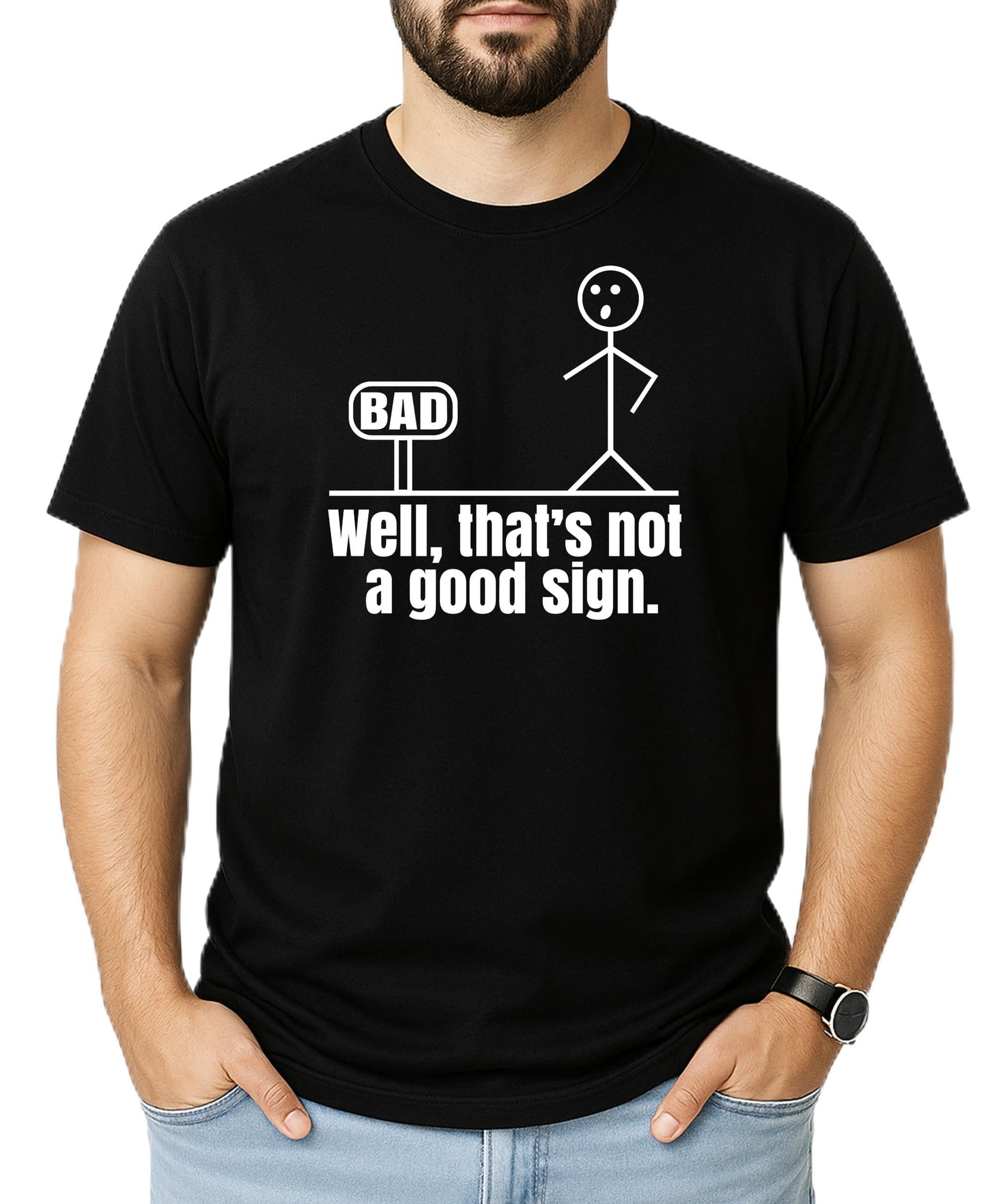 Well That's a Bad Sign men's gray t-shirt with stick figure and bad sign graphic design