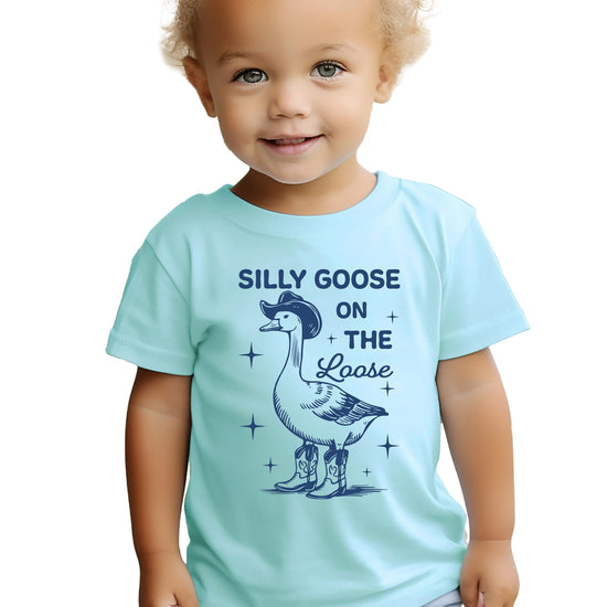Detail shot of high-quality goose graphic print on kids cotton tee