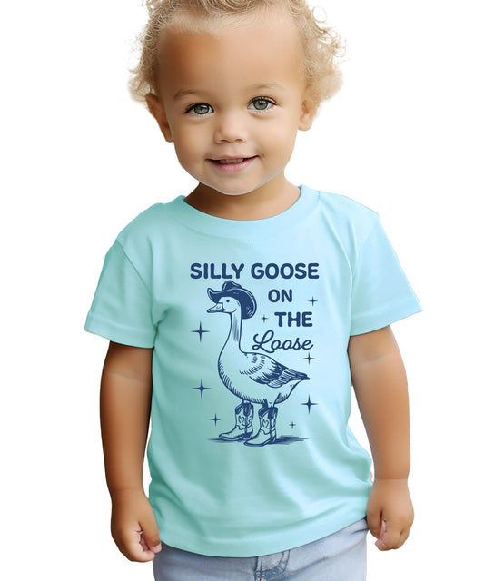 Detail shot of high-quality goose graphic print on kids cotton tee
