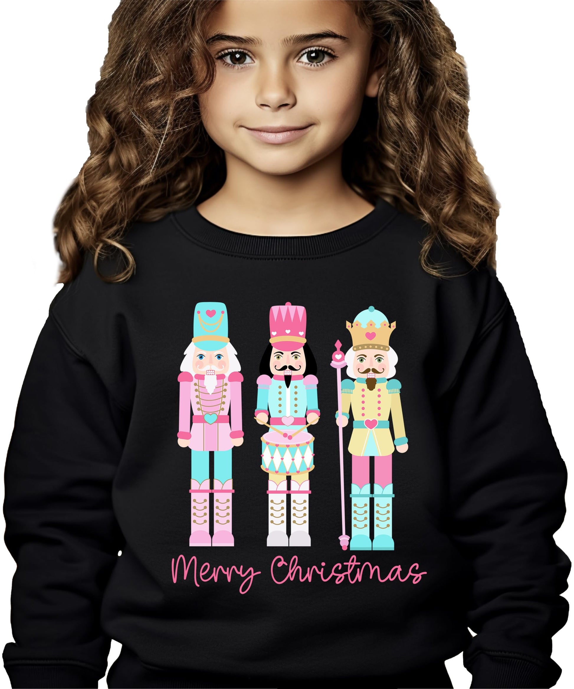 Festive black sweatshirt displaying colorful nutcracker graphic perfect for Christmas celebrations