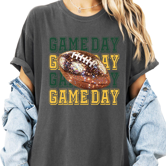 Close-up of faux glitter Game Day graphic on ivory women's football tee