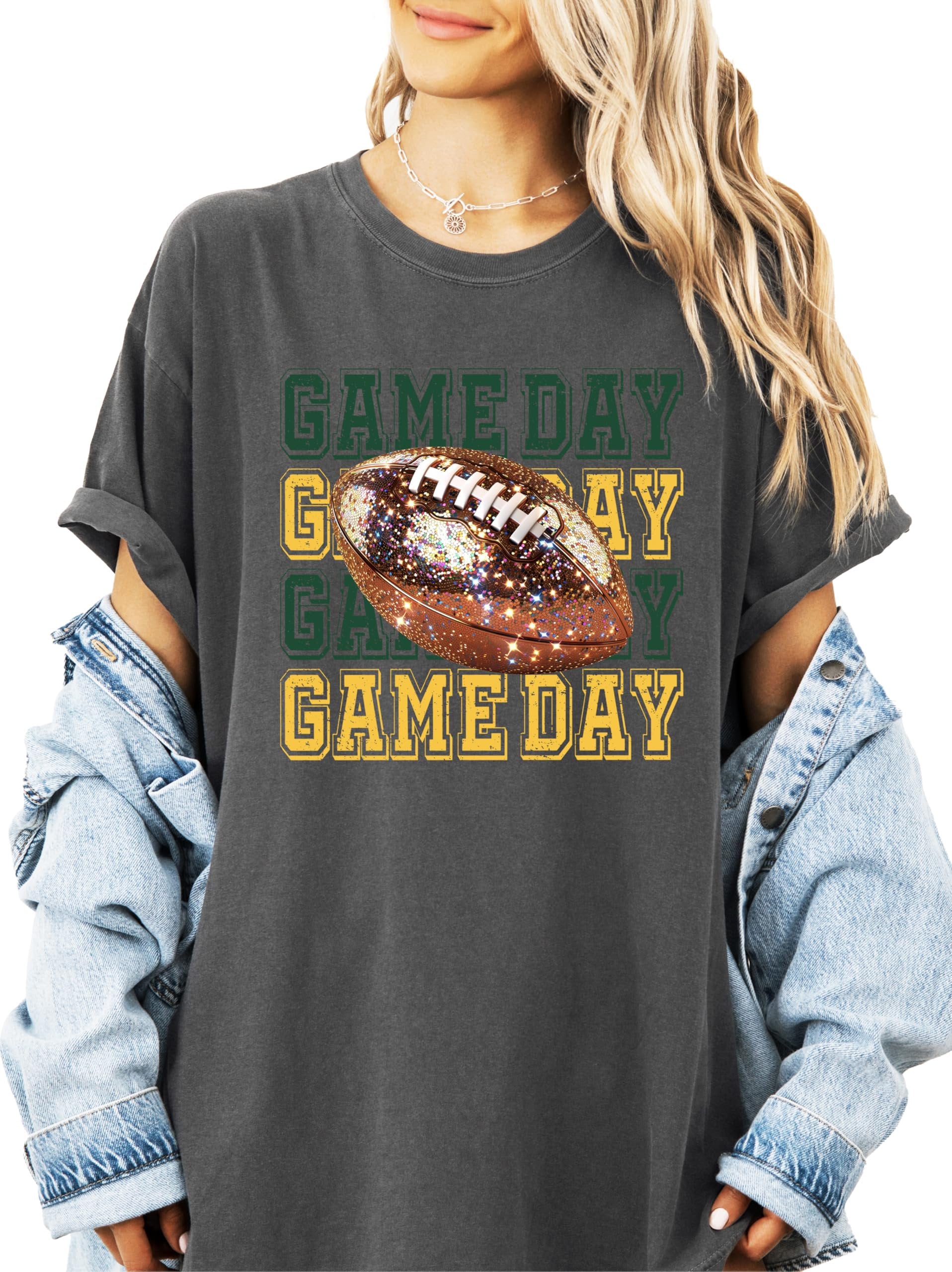 Close-up of faux glitter Game Day graphic on ivory women's football tee