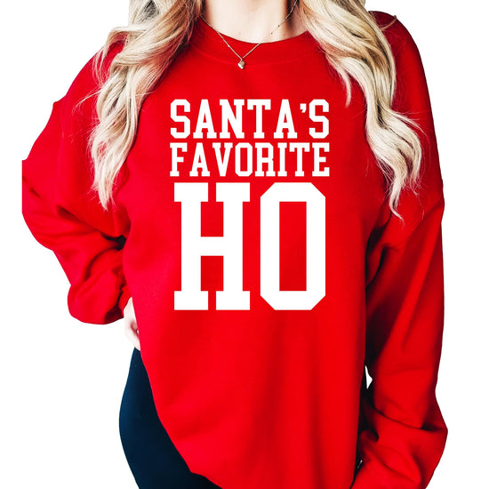 Close-up view of Santa's Favorite Ho Christmas sweatshirt design with festive font
