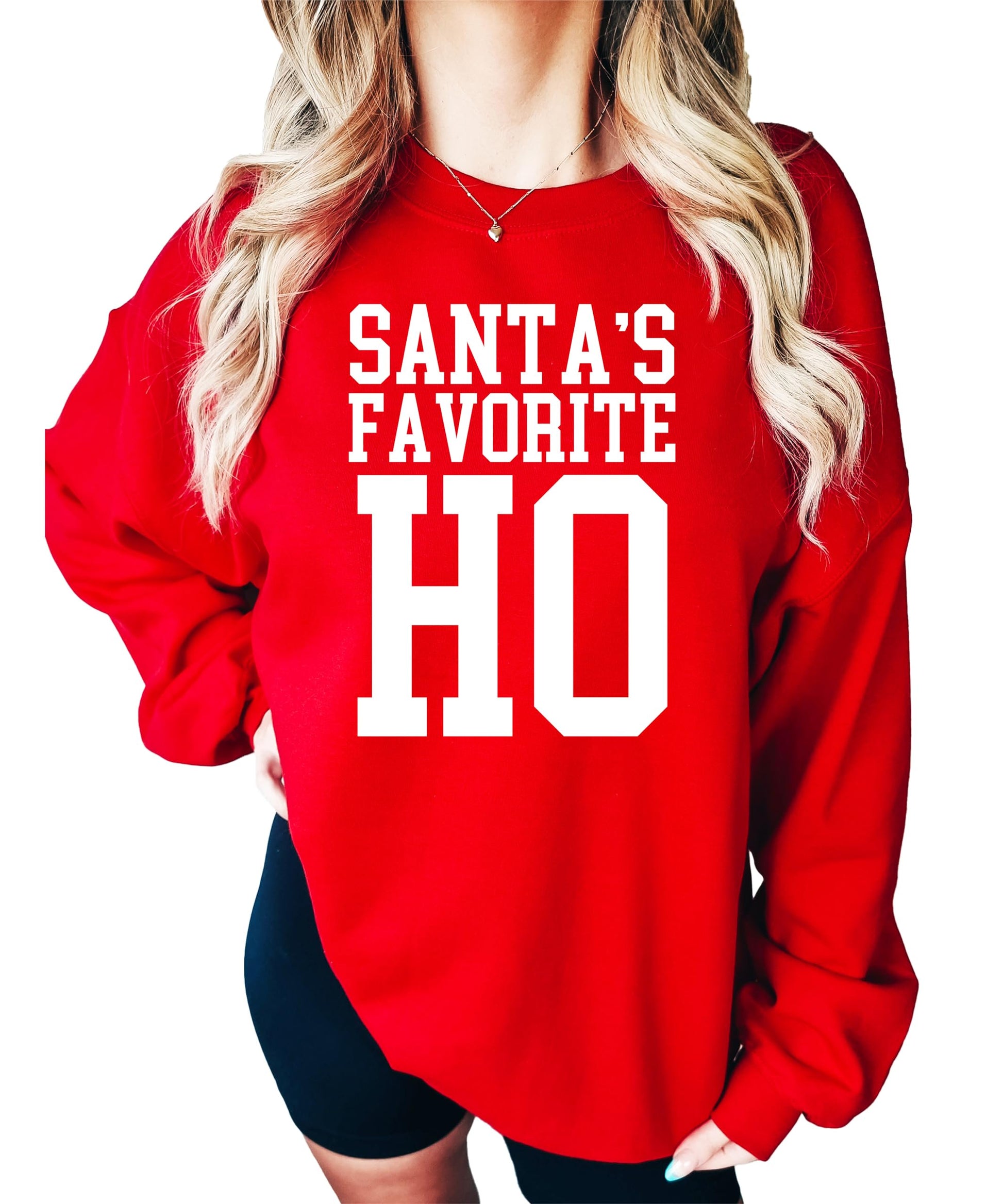 Close-up view of Santa's Favorite Ho Christmas sweatshirt design with festive font