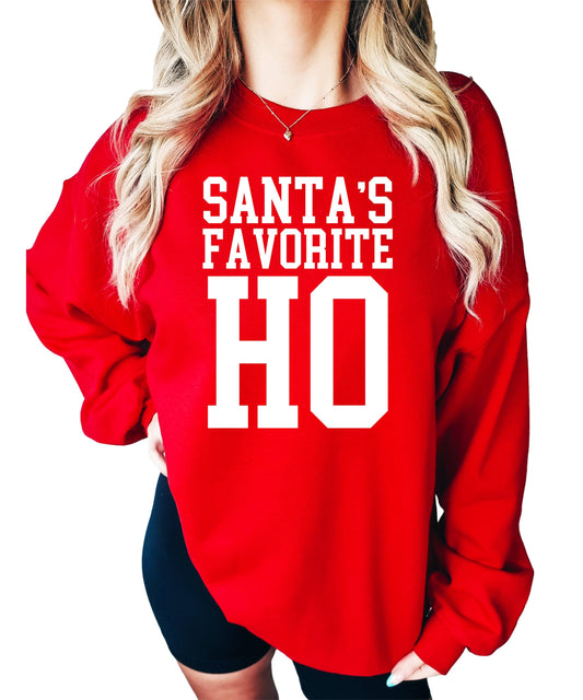 Close-up view of Santa's Favorite Ho Christmas sweatshirt design with festive font