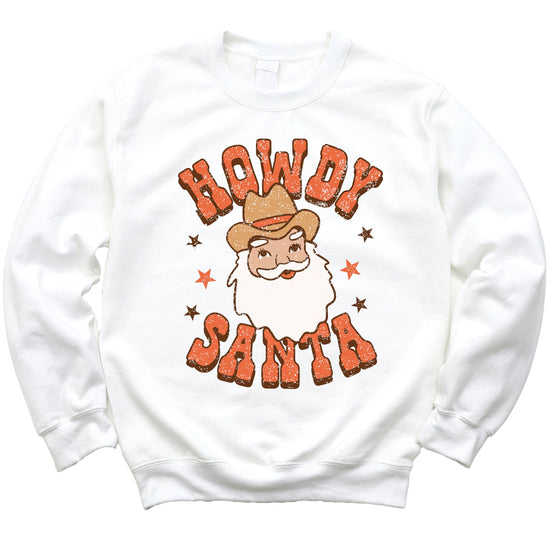 Close-up of cowboy Santa graphic print on cozy holiday pullover sweatshirt