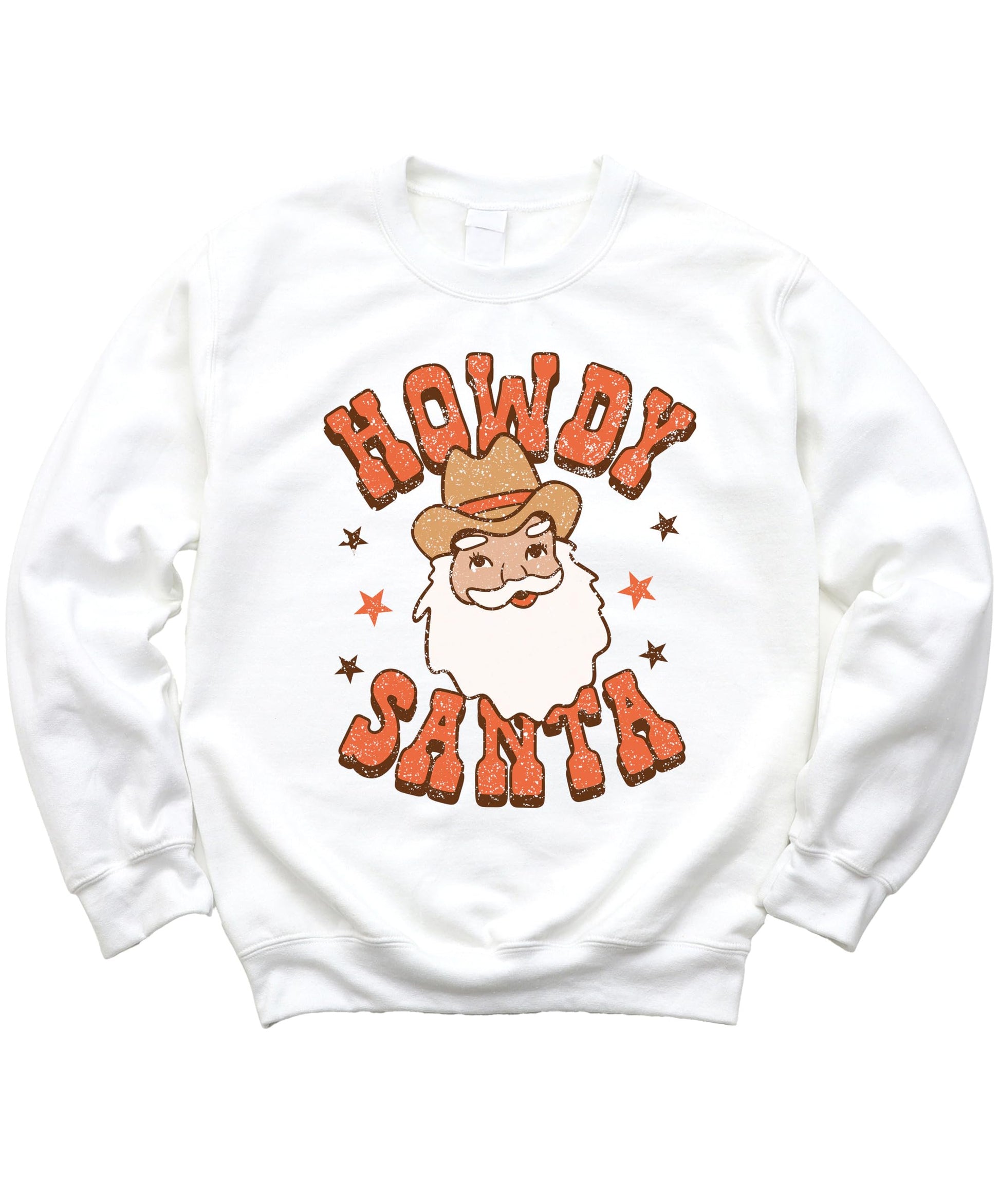 Close-up of cowboy Santa graphic print on cozy holiday pullover sweatshirt