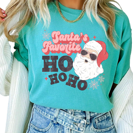 Side view of women's seafoam retro Santa Ho Ho Ho Christmas graphic tee