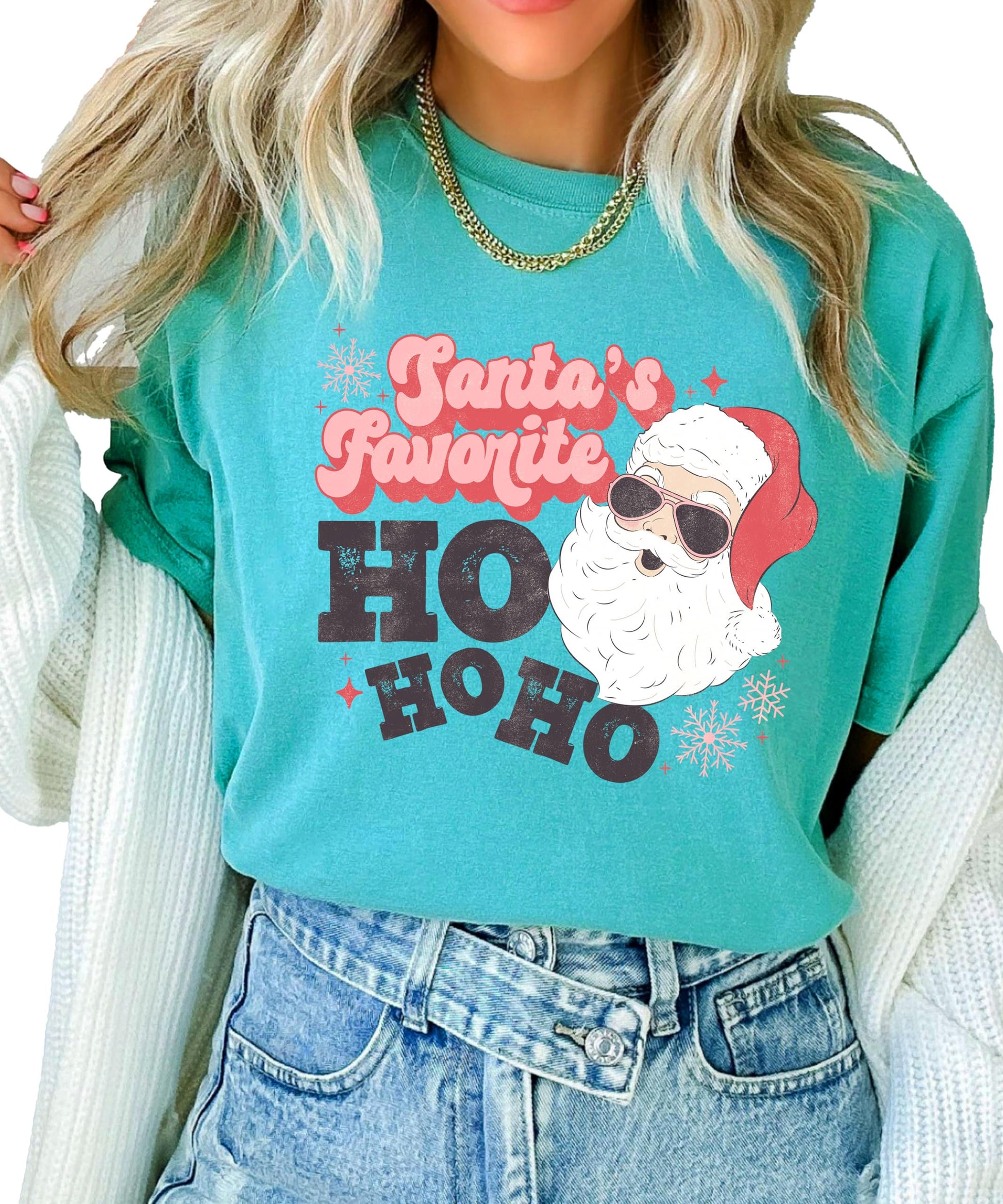 Side view of women's seafoam retro Santa Ho Ho Ho Christmas graphic tee