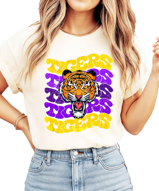 Trendy Tigers Wavy Shirt for Women and Teens Purple & Yellow Sports Tee Ivory Shirt Adult Small