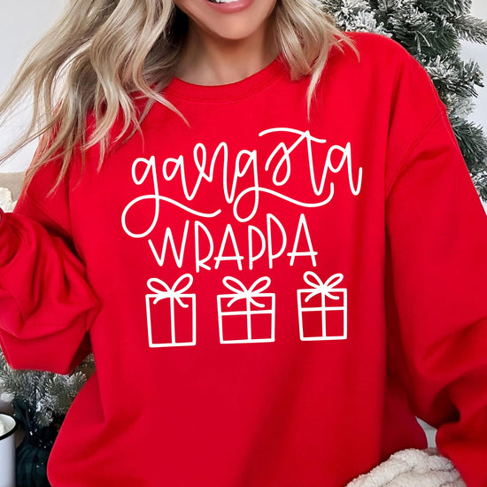 Gangsta Wrappa holiday party sweatshirt styled for a casual Christmas gathering