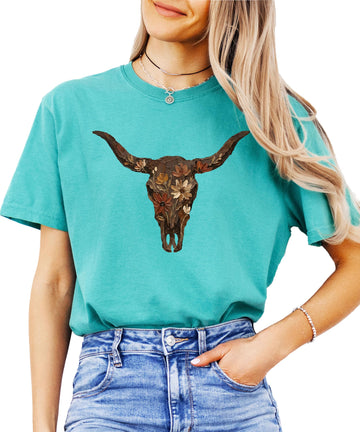 Western Longhorn Skull Graphic T-Shirt for Women - Casual Everyday Western Style Shirt