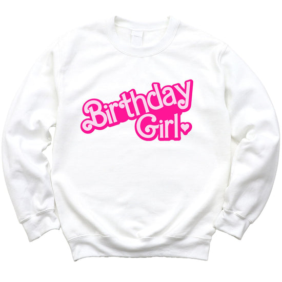 Front view of pink Birthday Girl crewneck sweatshirt for little girls