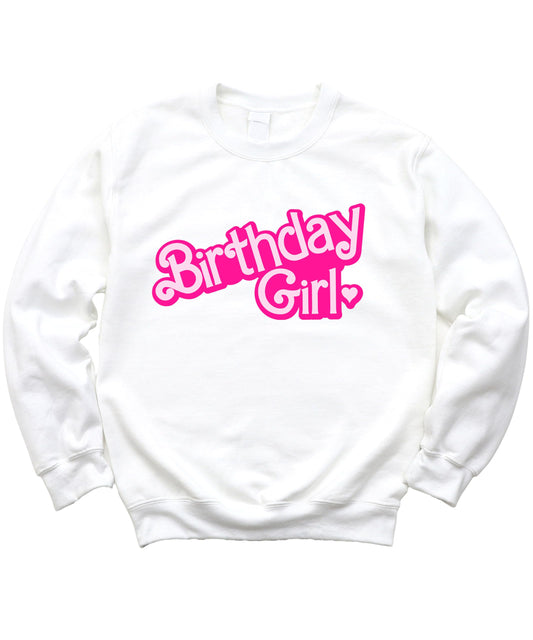 Front view of pink Birthday Girl crewneck sweatshirt for little girls