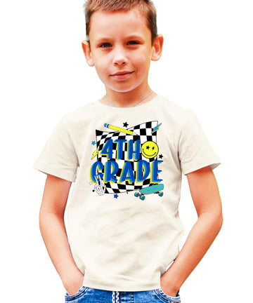 Retro 4th Grade Shirt for Boys First Day of School Skateboard T-Shirt for Kids