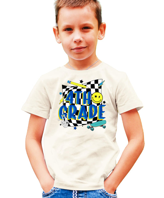 Retro 4th Grade Shirt for Boys First Day of School Skateboard T-Shirt for Kids