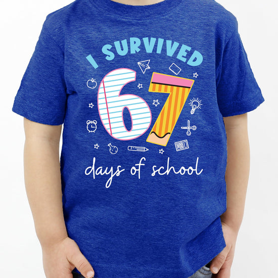 Close-up of I Survived 67 Days of School graphic tee showing print detail and pencil design