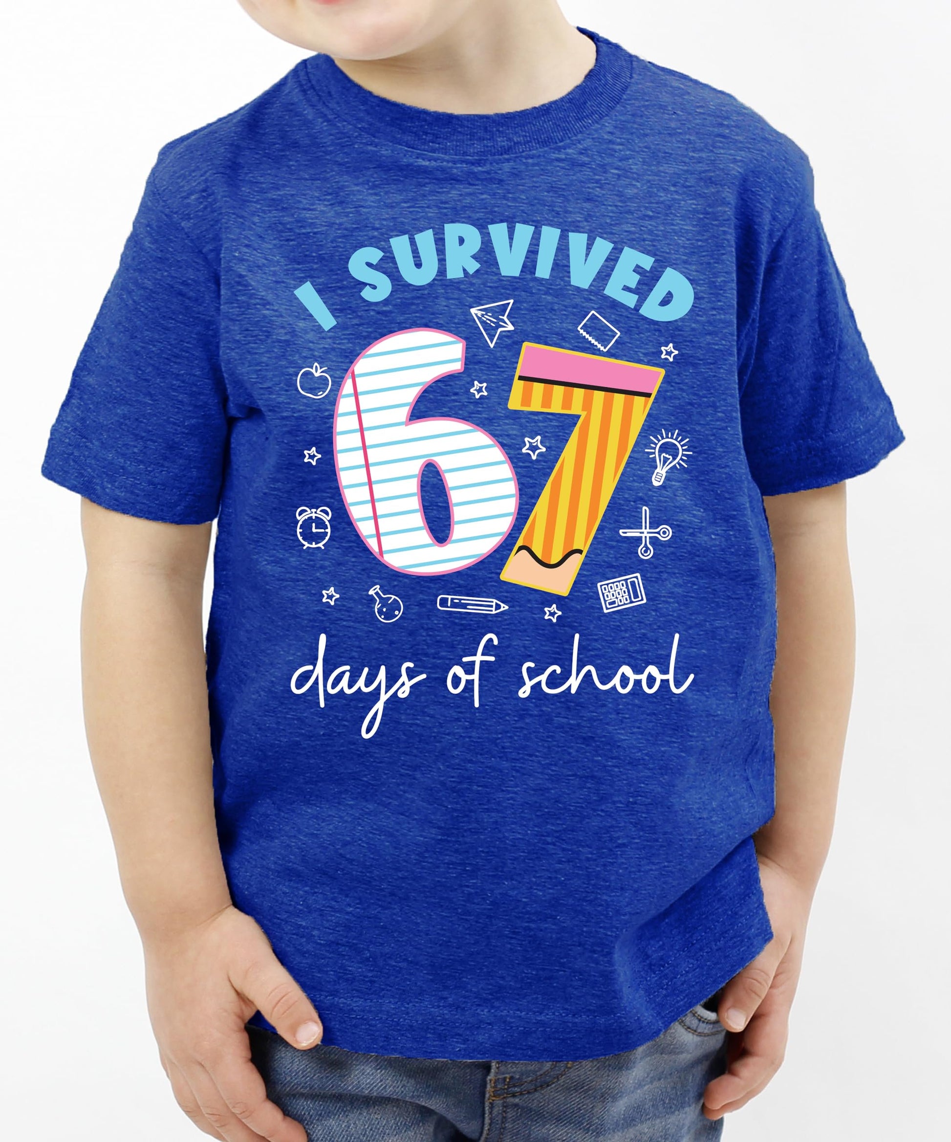 Close-up of I Survived 67 Days of School graphic tee showing print detail and pencil design