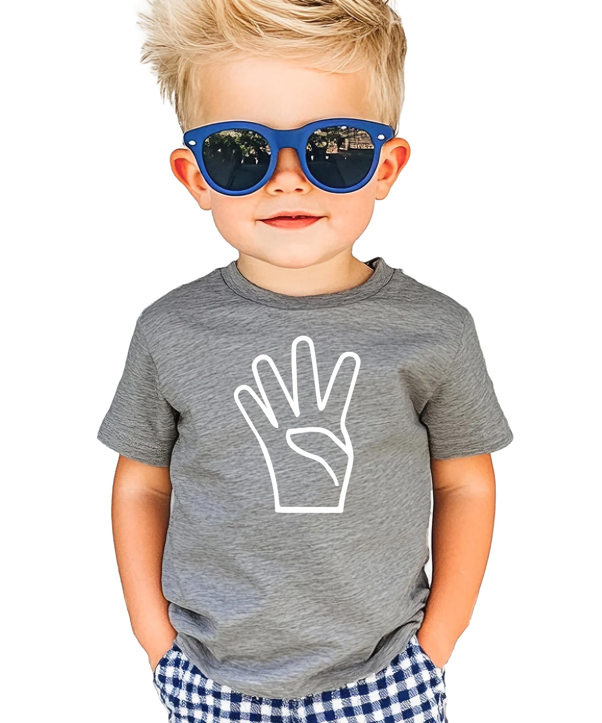 Front view of kids 4th birthday shirt with fun graphic print on black tee