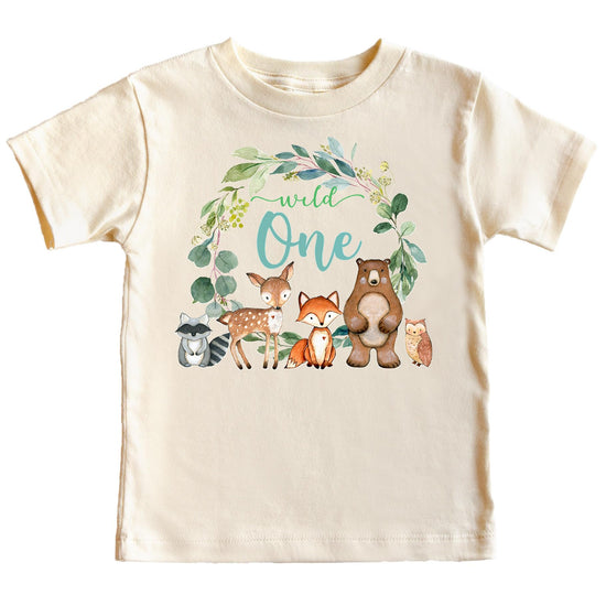Close-up of Wild One wreath design with fox, bear and forest animals on baby tee