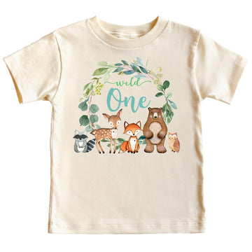 Close-up of Wild One wreath design with fox, bear and forest animals on baby tee