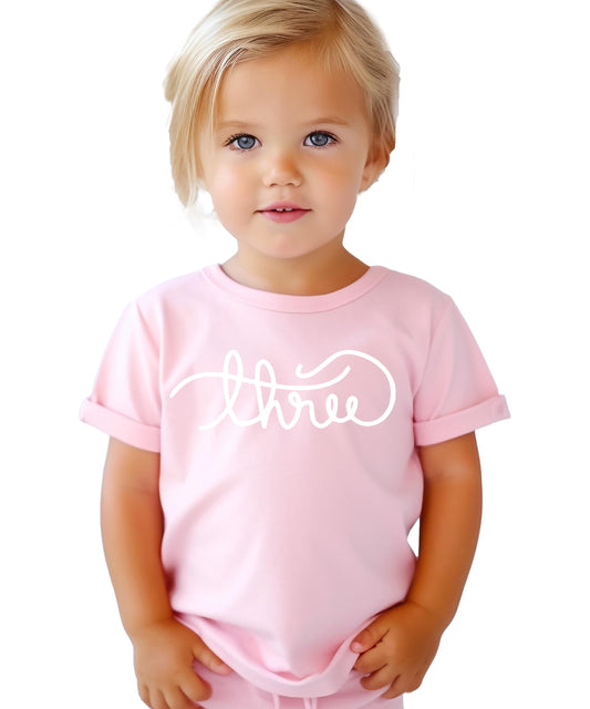 Olive Loves Apple purple Third birthday graphic tee for toddler girls flat lay