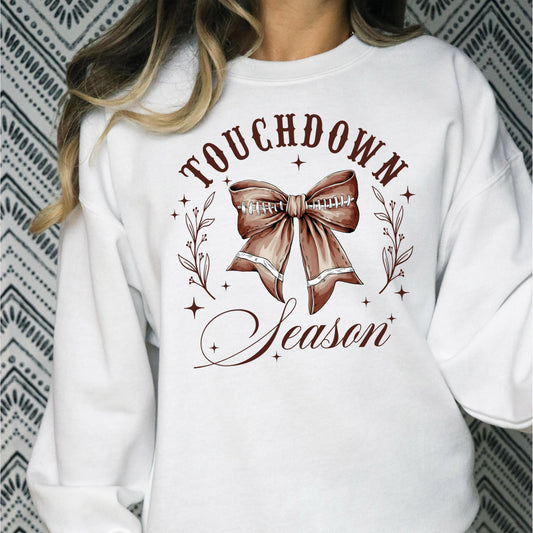 Touchdown Season Sweatshirt for Women and Teens Girly Fall Football Coquette Bow Pullover White Sweatshirt Adult Medium
