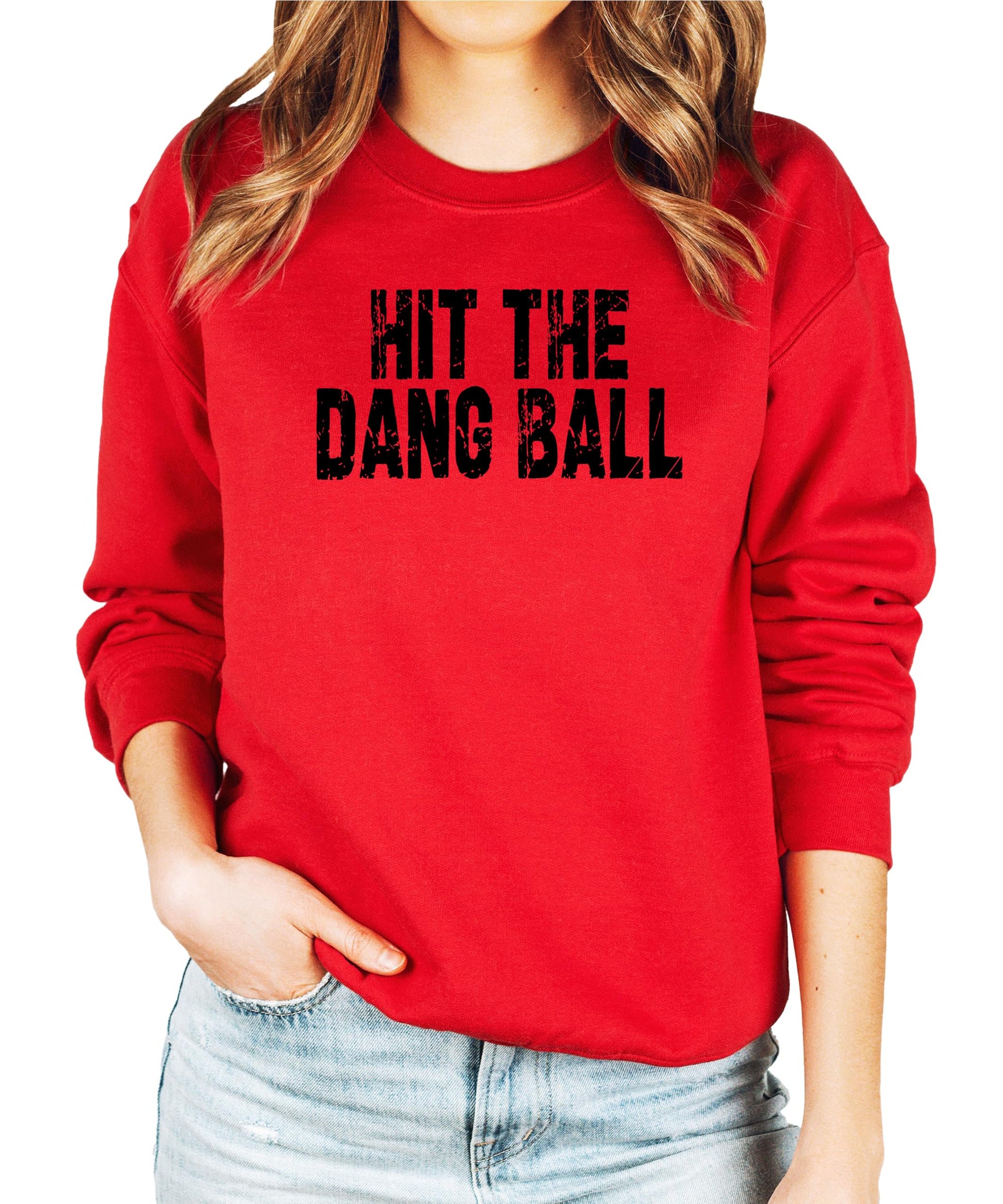 Lifestyle flat lay of red distressed baseball crewneck sweatshirt by Olive Loves Apple
