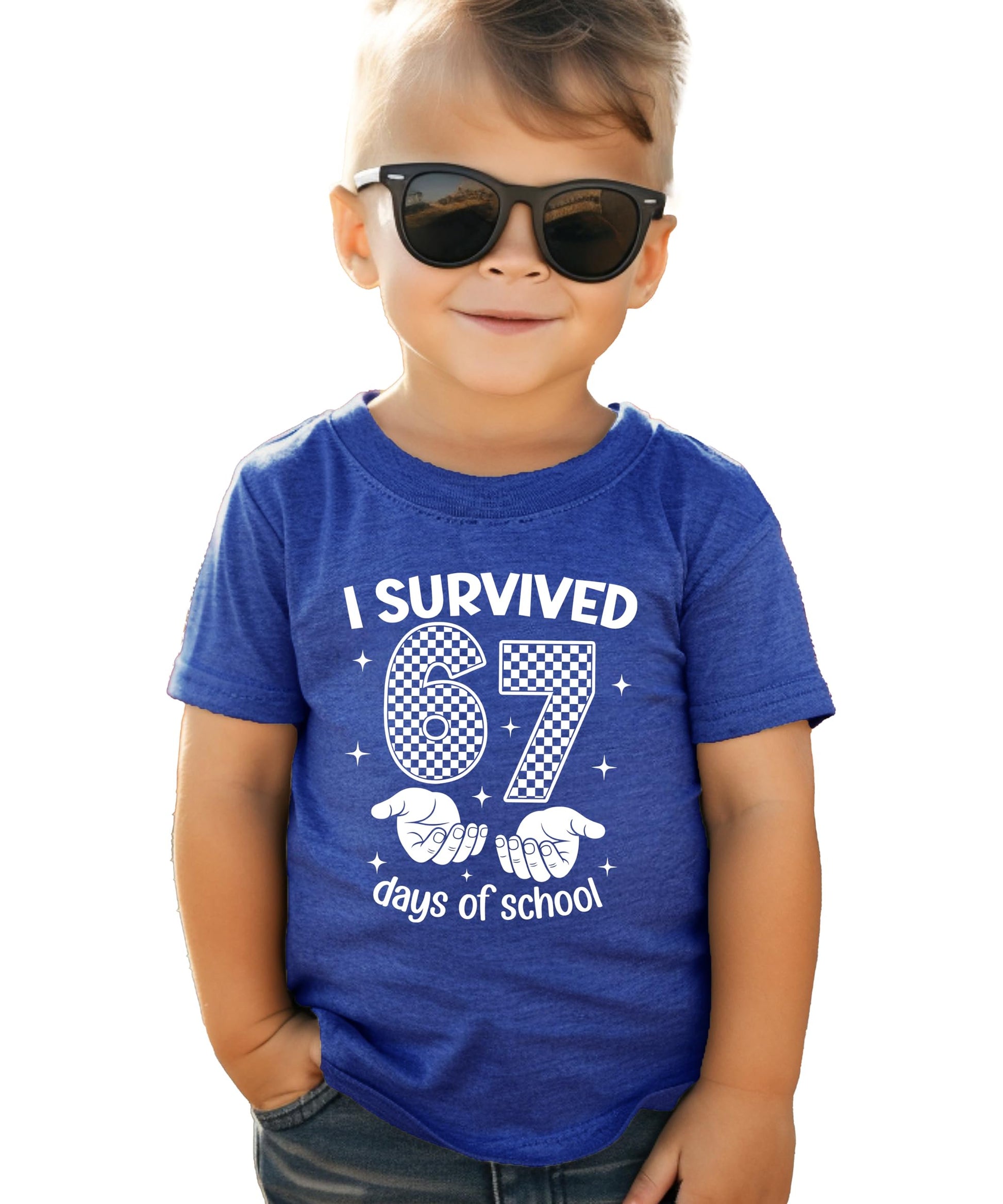 Front view of I Survived 67 Days of School kids shirt with six seven checker hands graphic