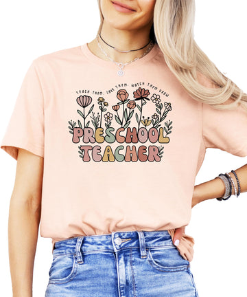 Preschool Teacher Shirt for Women Floral Teach Them Love Them Watch Them Grow Educator Tee Peach Shirt Adult Medium