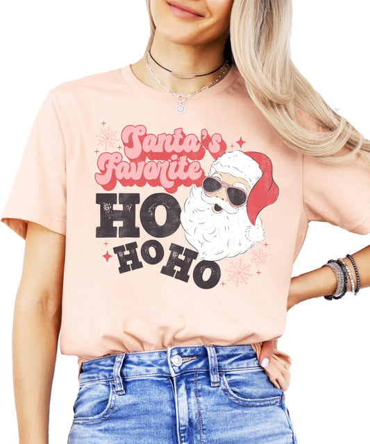 Front view of women's vintage red Ho Ho Ho Christmas shirt with retro Santa wearing sunglasses graphic