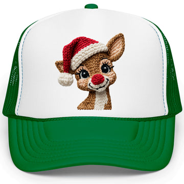 Reindeer Ink-Printed NOT a Real Yarn Patch Unisex Trucker Hat Christmas Foam Front Classic 5 Panel Mesh Snapback