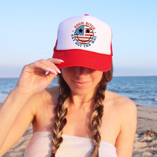 Boom Get Out the Way US Flag Happy Vibes Classic 5 Panel Foam Front Mesh Snap Back Trucker Hat