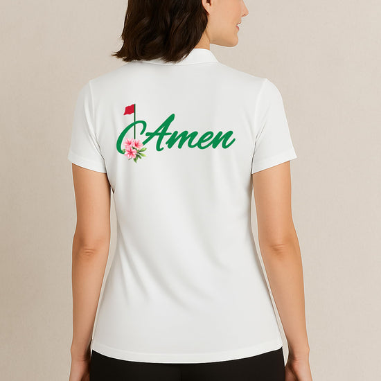 Women's Amen golf polo styled for country club wear with floral design elements