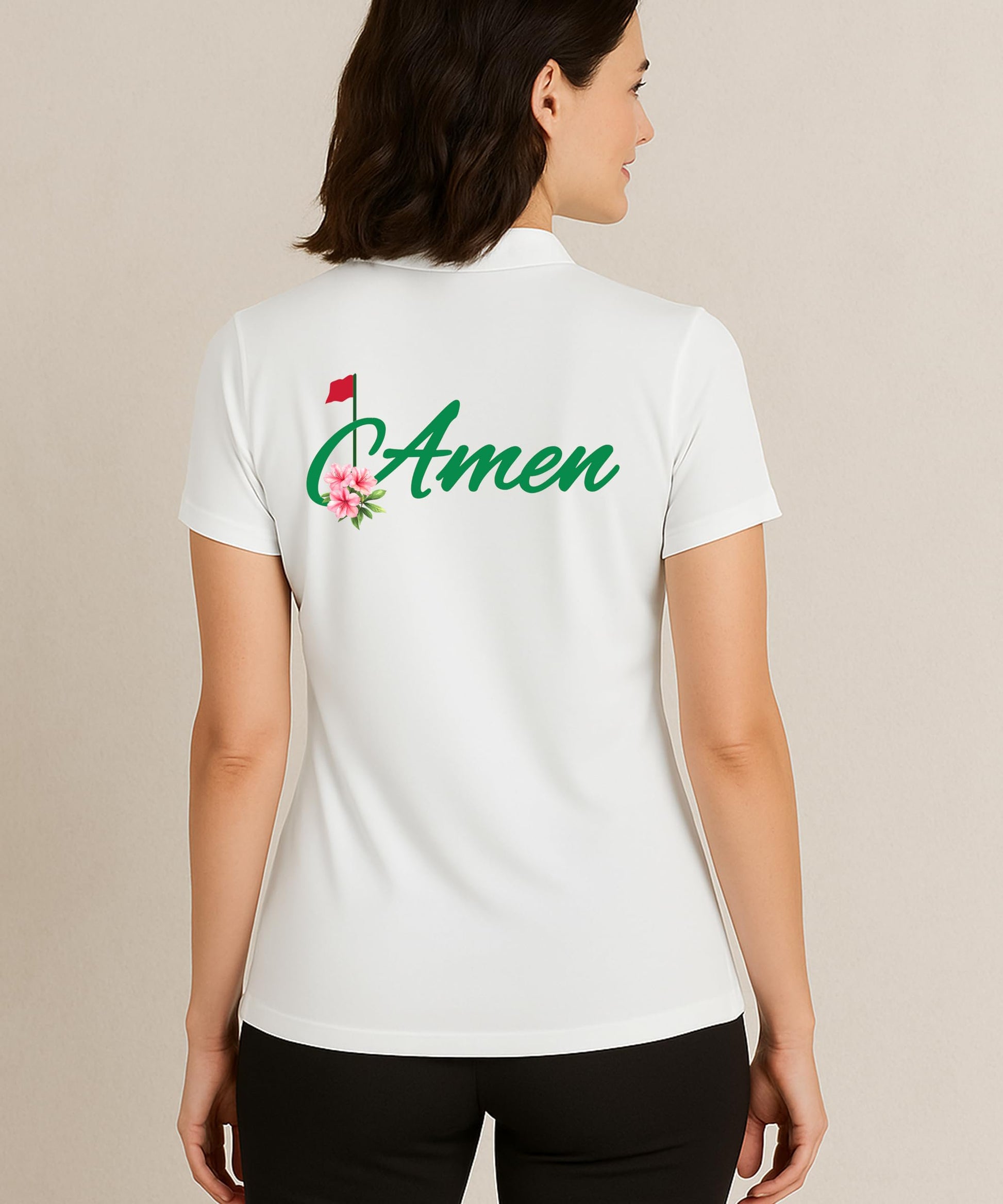 Women's Amen golf polo styled for country club wear with floral design elements