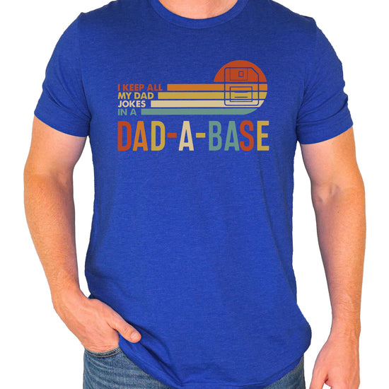 Close-up of Dad-A-Base t-shirt graphic showing floppy disk and dad jokes text print