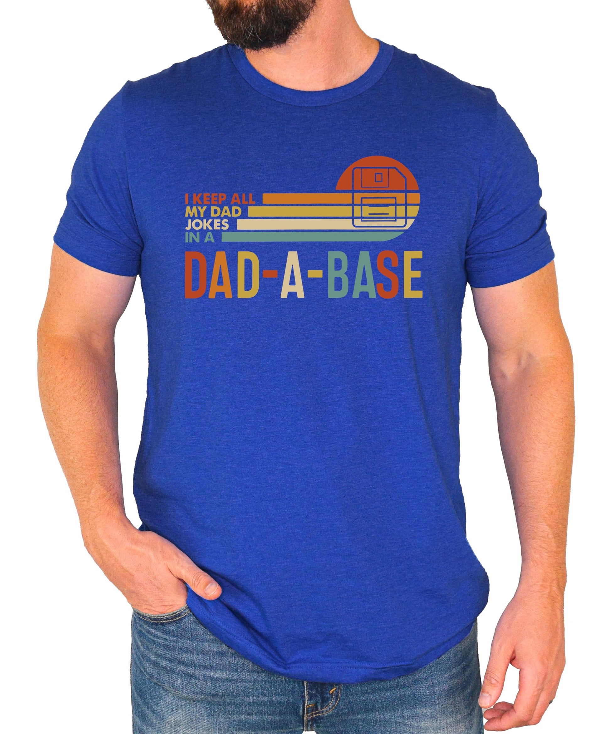 Close-up of Dad-A-Base t-shirt graphic showing floppy disk and dad jokes text print