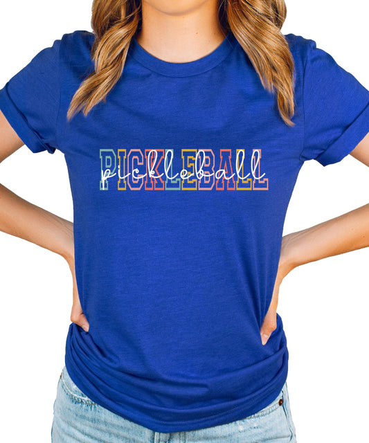 Retro pickleball unisex shirt with colorful vintage PICKLEBALL text graphic design