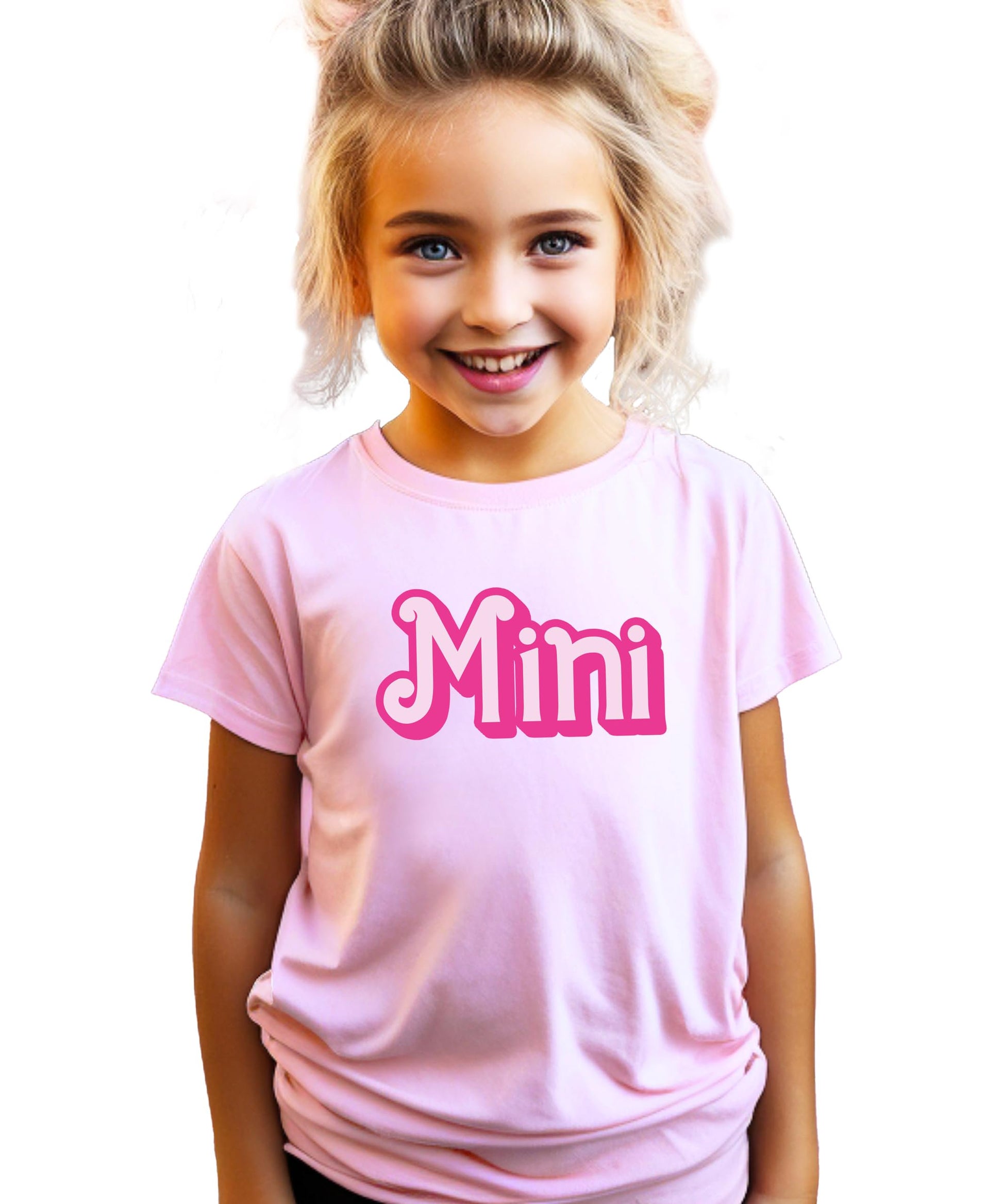 Close-up of bubbly font print on pink Mama and Mini matching shirt