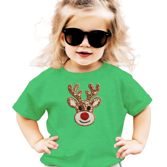 Flat lay of black kids Christmas shirt with reindeer sequin-style print