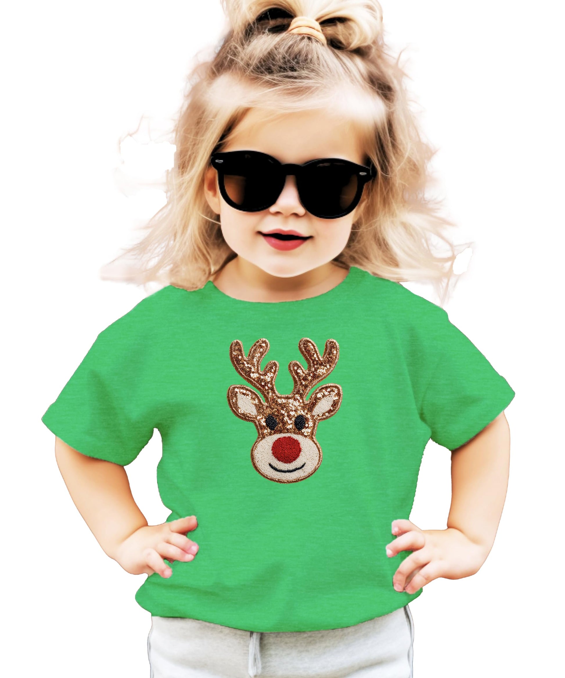 Flat lay of black kids Christmas shirt with reindeer sequin-style print