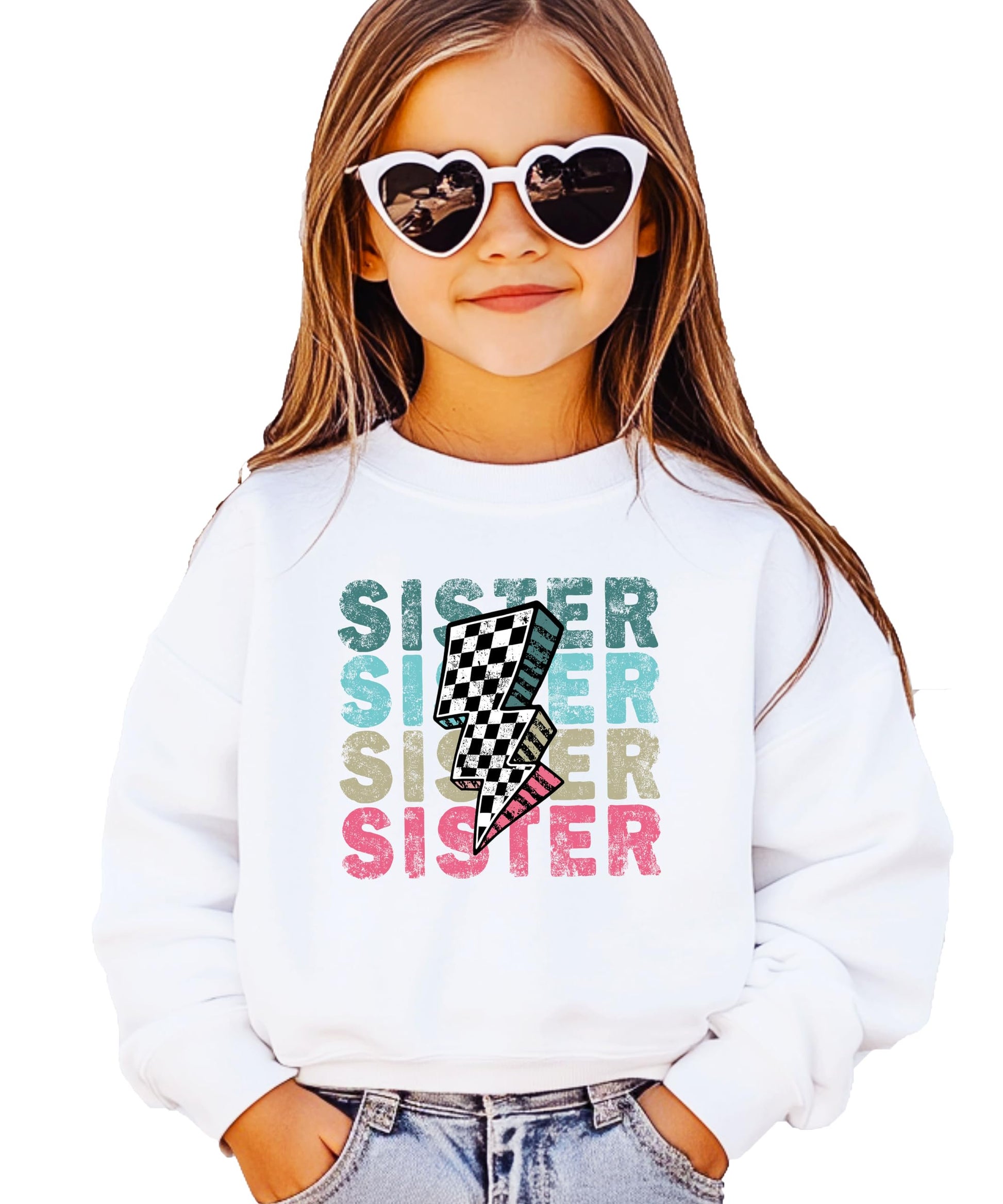 Front view of toddler girl sweatshirt featuring vibrant SISTER text repeated in multiple colors